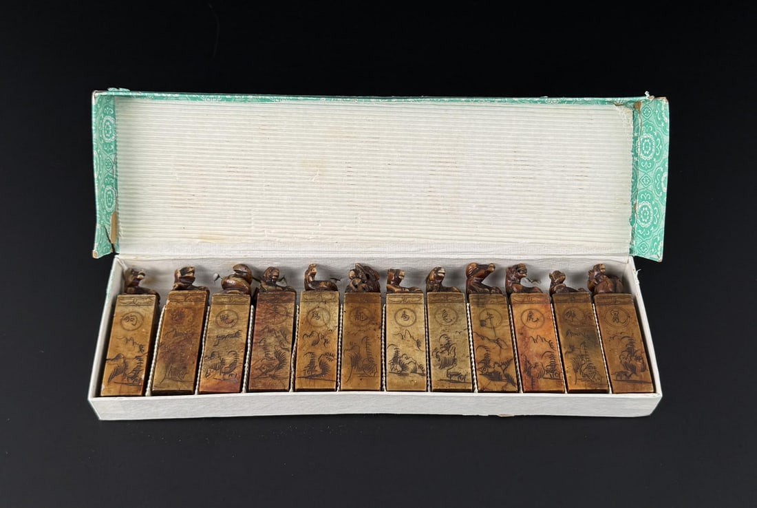 Chinese Zodiac Soapstone Seal Chop Stamps: Sold with original box. Each is piece is approximately 3" tall.