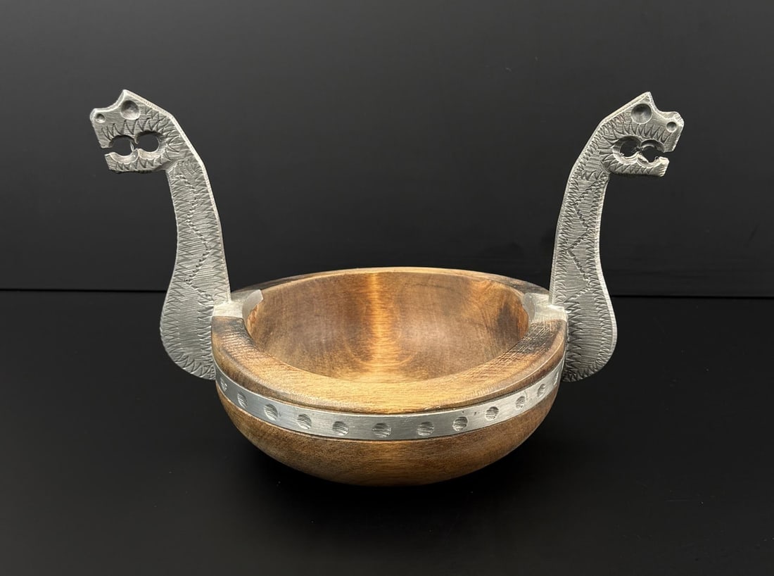 Saga Tinn Norway Viking Drinking Bowl: Pewter and Wood. 6" by 6" by 7 3/8"
