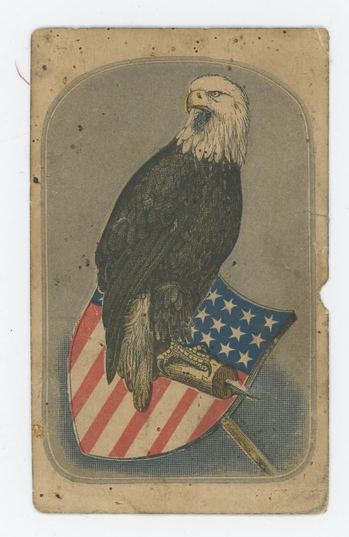 Old Abe Mascot Eagle Sewell Civil War Trade Card: 2 1/2" by 4". Sold for the Sanitary Fair in Chicago, 1865.