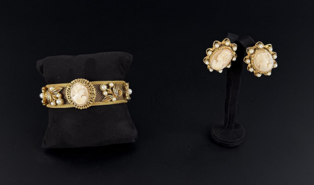 Florenza Cameo Costume Jewelry Suite: Earrings and Bracelet.