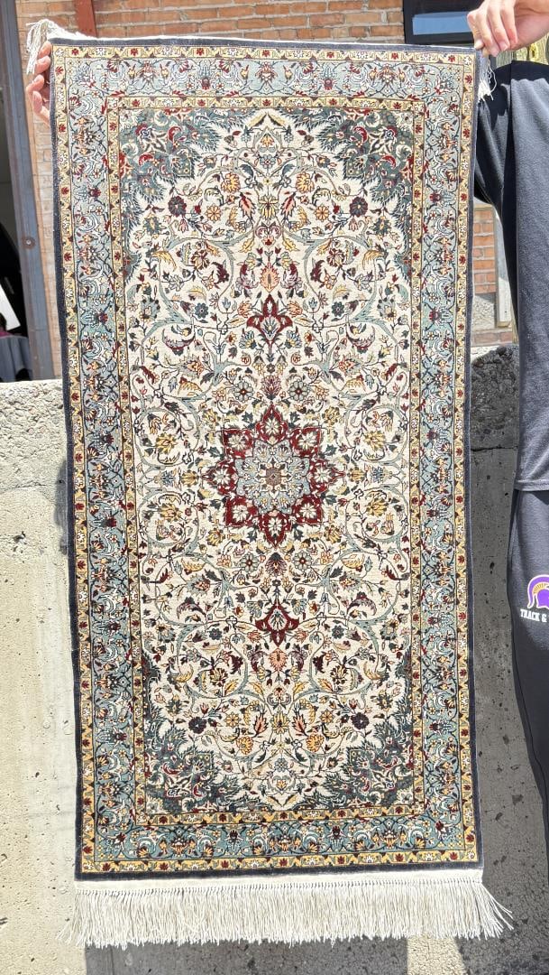Kerman Iran Silk Persian Oriental Rug: 24" by 48" without fringe.