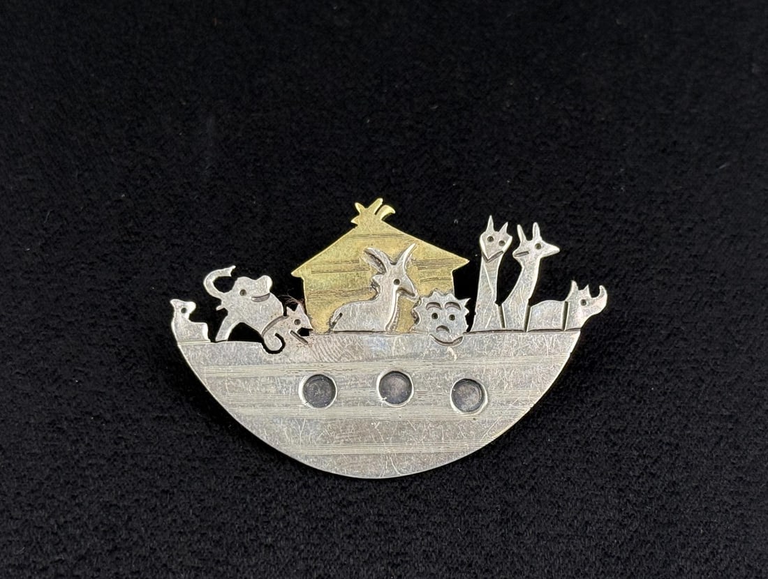 Taxco Mexico Sterling Silver Noahs Ark Brooch: 1 3/8" by 2". 15.36 grams.