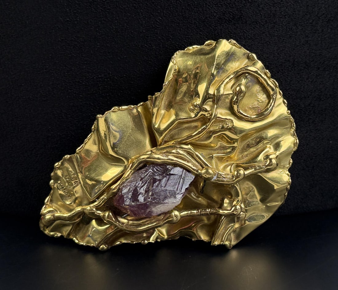 Dutras Brazil Brutalist Brass Amethyst Belt Buckle: 5" by 3 1/2".