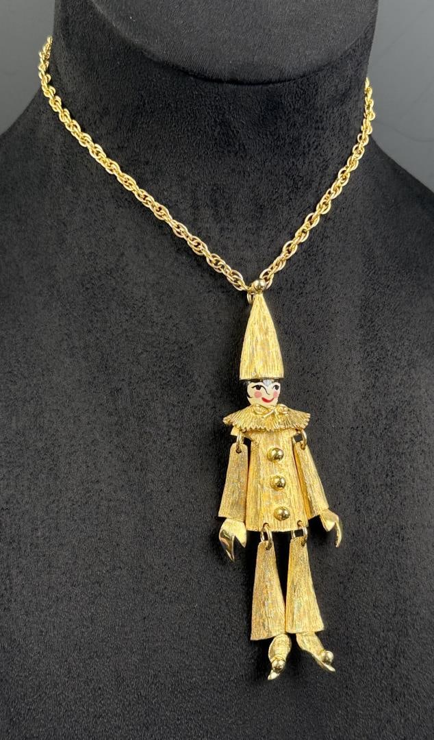 Polcini Articulated Harlequin Clown Necklace: 14 1/2" long as displayed.