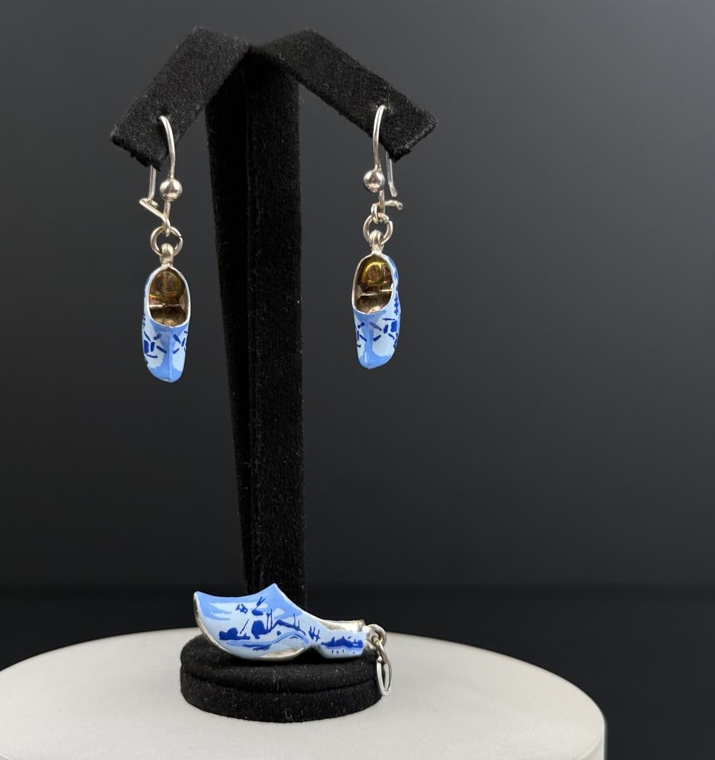 Dutch .835 Silver Enamel Clog Shoe Jewelry: Pendant and Earrings. 3.87 grams.