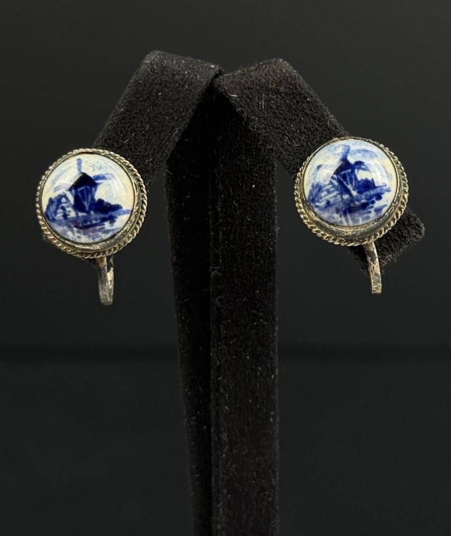 Delft Dutch .835 Silver Porcelain Earrings: 3.51 grams. 5/8" diameter.