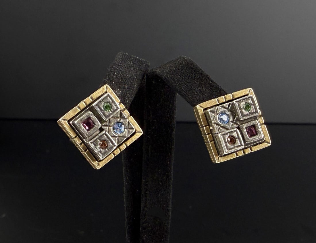 Patricia Locke Sterling Silver Rhinestone Earrings: 1/2" by 1/2"
