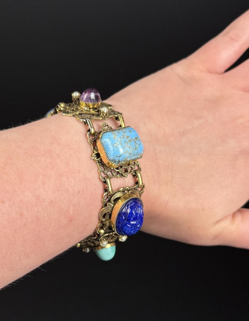 Art Deco Egyptian Revival Costume Jewelry Bracelet: 7 1/4" inner circumference.