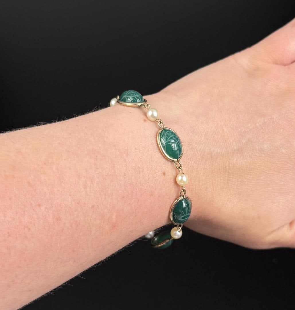 12k Gold Filled Egyptian Revival Scarab Bracelet: 7 1/4" inner circumference.