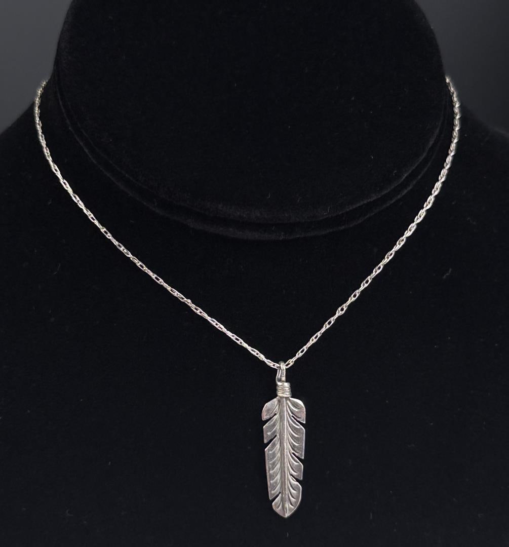 Navajo Sterling Silver Feather Necklace: 2.87 grams. 11" long as displayed.