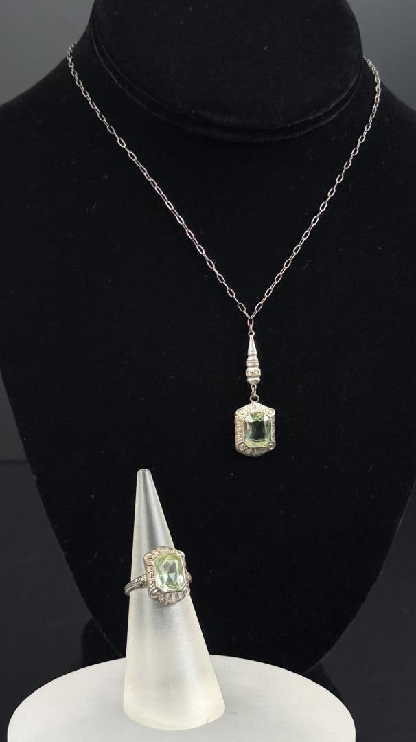 Art Deco Sterling Silver Paste Jewelry Suite: Ring size 5 1/4. 5.82 grams.