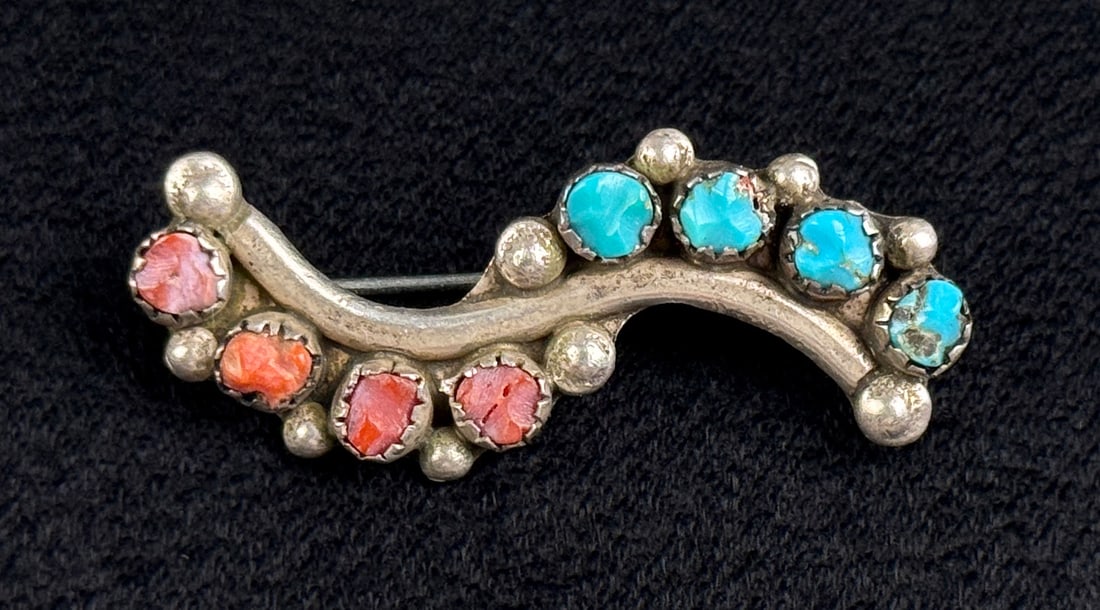 Zuni Sterling Silver Turquoise Coral Brooch (1 of 3)