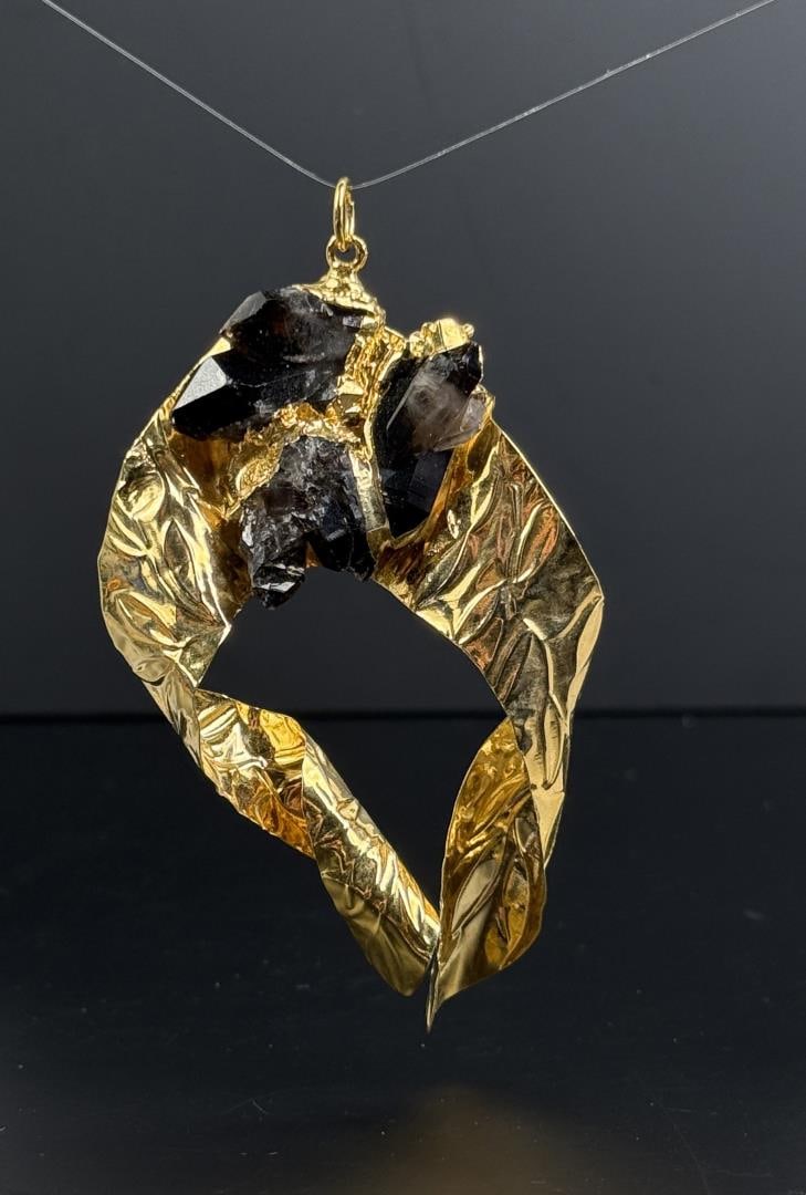 Signed Brutalist Brass Smoky Quartz Pendant (1 of 5)