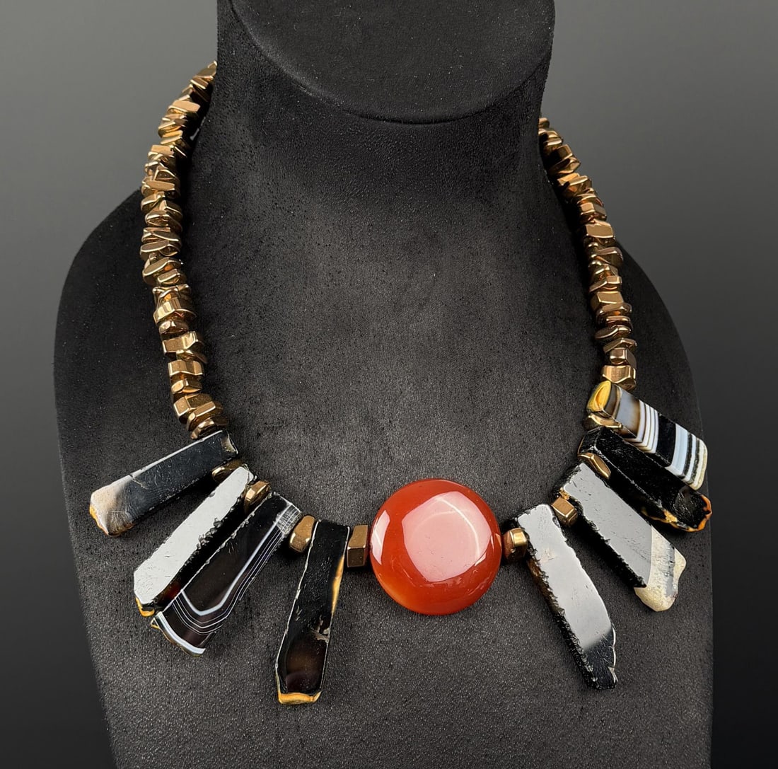 Banded Black Agate Carnelian Necklace: 10 1/4" Long as displayed.
