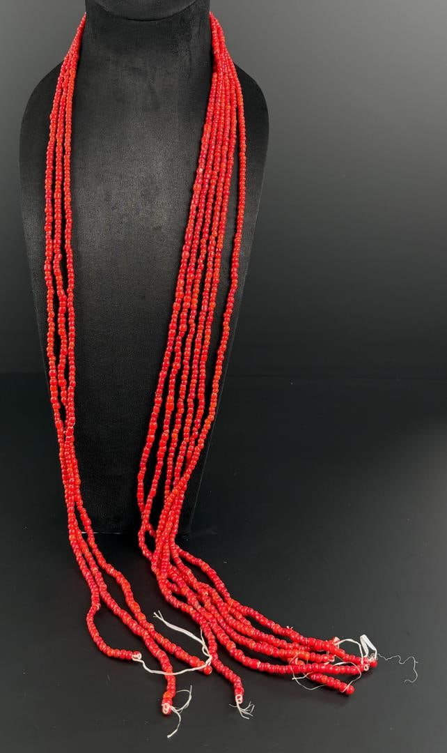 Hudsons Bay Red White Heart Trade Beads: 6 strands. 28 1/2" Long as displayed.
