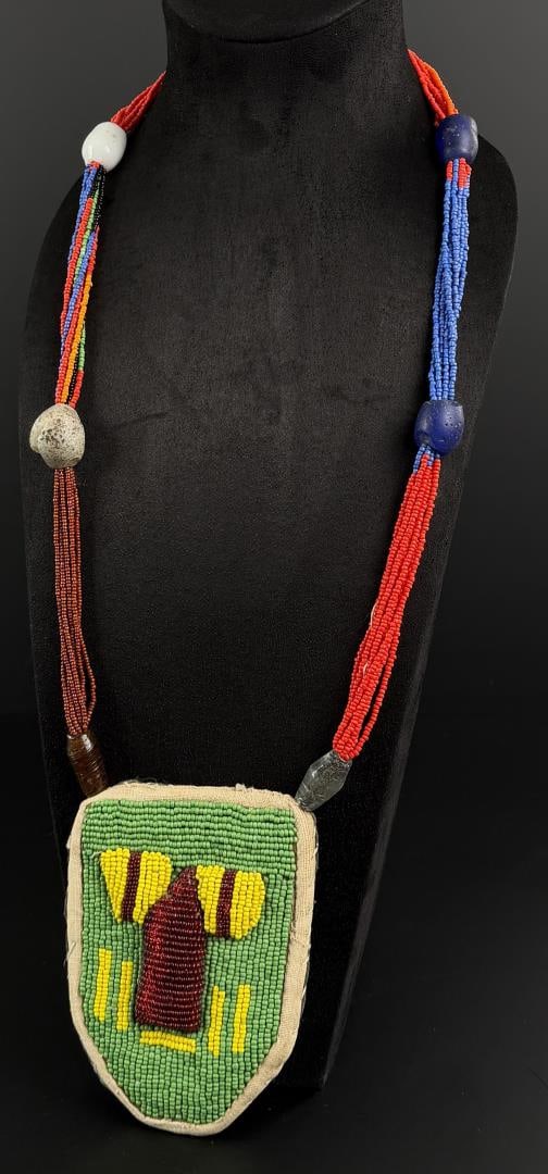 African Yoruba Diviners Beaded Face Necklace: 20 7/8" Long as displayed.