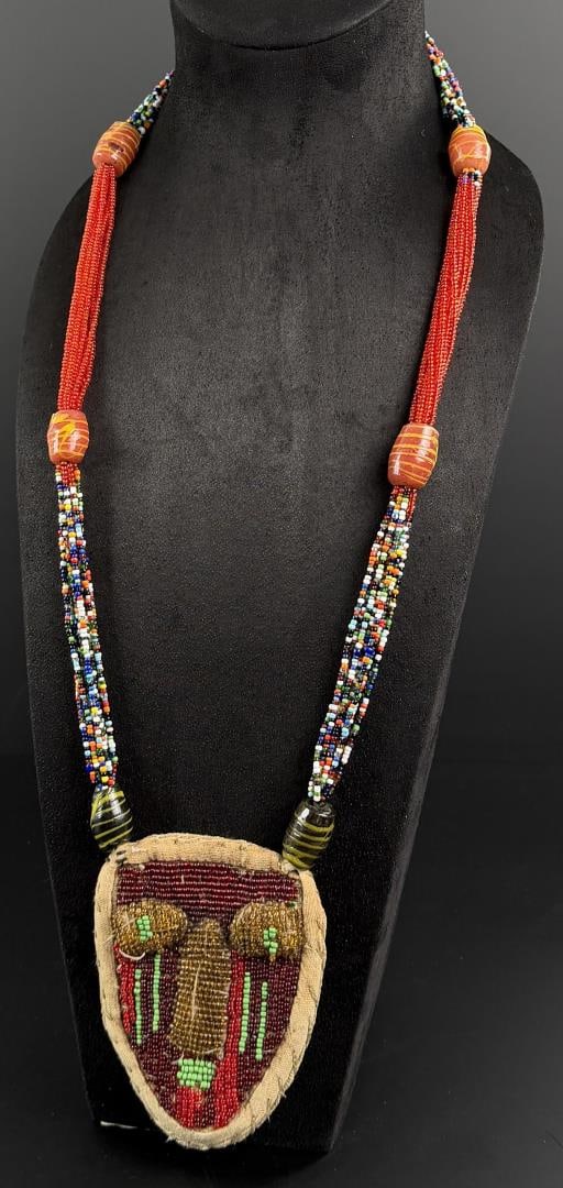 African Yoruba Diviners Beaded Face Necklace: 20 1/2" Long as displayed.