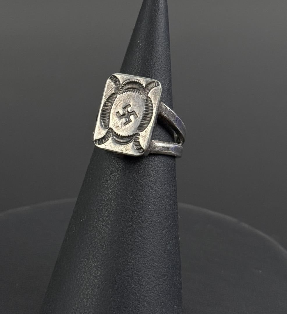 Navajo Sterling Swastika Whirling Log Poison Ring: Size 5. 5.1 grams. Nice old piece.