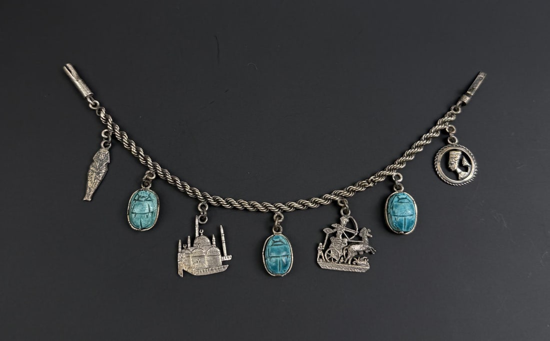 .800 Silver Egyptian Scarab Charm Bracelet (1 of 7)
