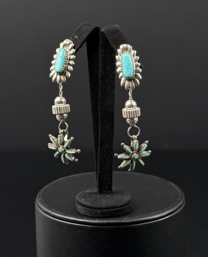 Zuni Petit Point Sterling Turquoise Earrings: 2 3/8" Long. 12.29 grams total.