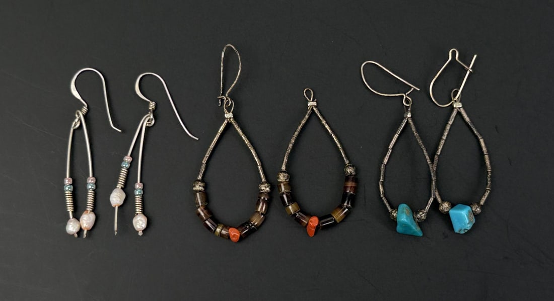 Zuni Heishi Sterling Silver Earrings: Stones present include turquoise, coral, tigers eye and pearls. Total Weight is 5.1 grams