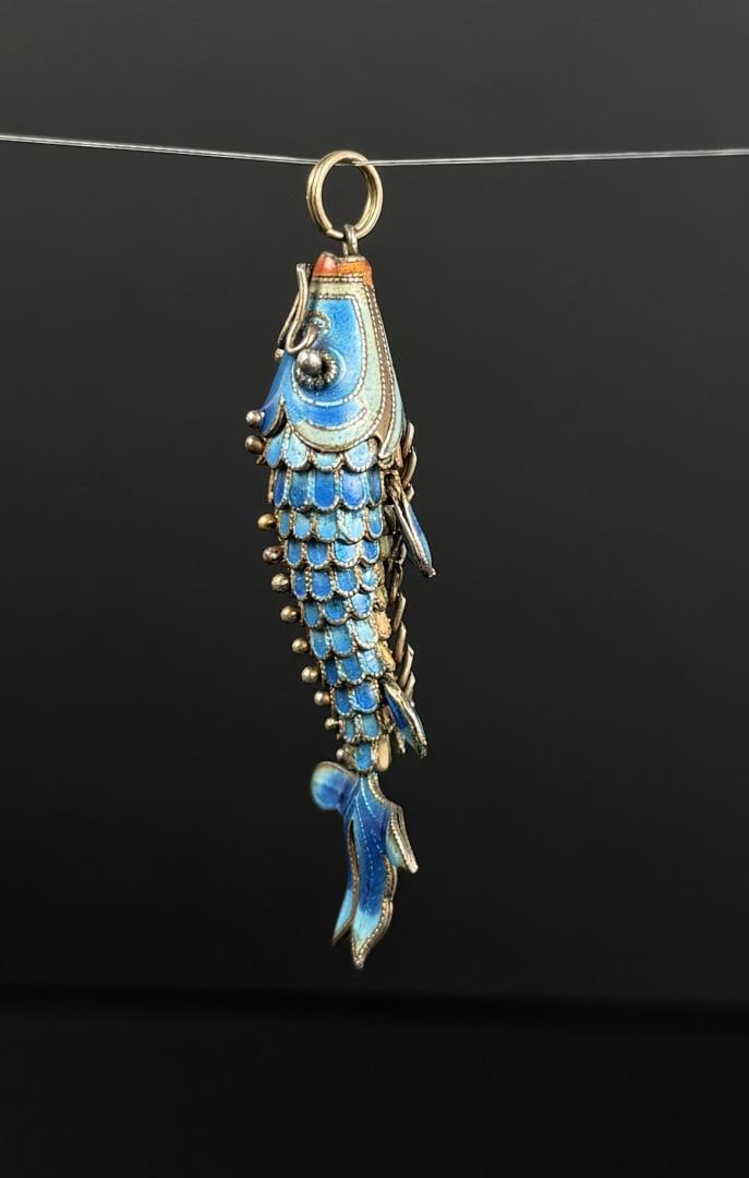 Chinese Sterling Silver Cloisonne Koi Fish: 2 1/4" by 7/8". 7.07 grams.