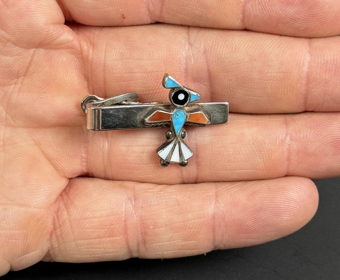 Zuni Sterling Inlaid Thunderbird Tie Bar: 5/8" by 1 1/4".