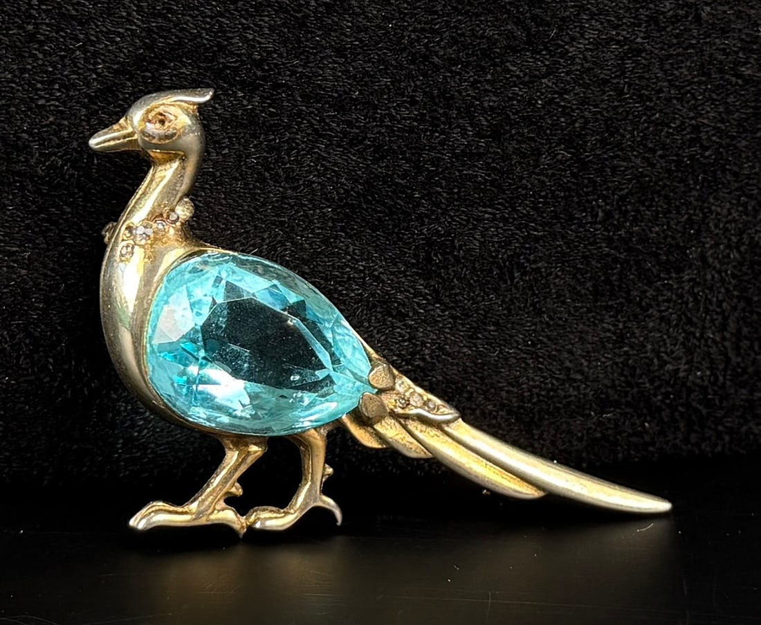 Reja Vermiel Sterling Jelly Belly Pheasant Brooch: 2 7/8" by 1 1/4".