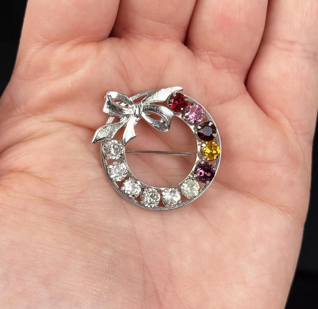 Tru Kay Sterling Silver Rhinestone Wreath Brooch (1 of 4)