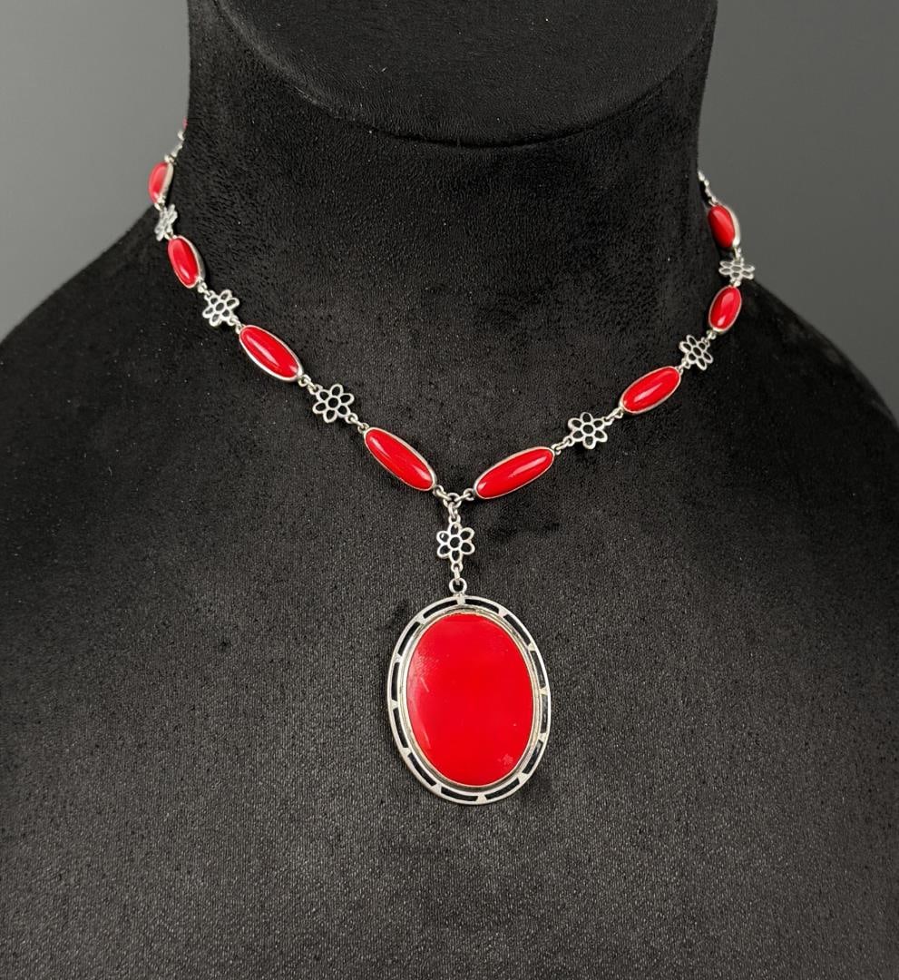 Art Deco Sterling Silver Coral Necklace: 9 1/4" long as displayed. 26.39 grams.