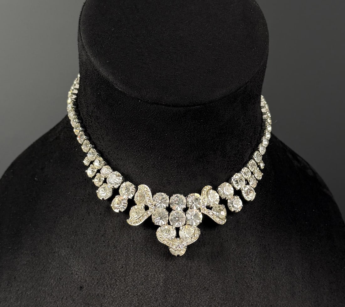 Weiss Rhinestone Costume Jewelry Necklace: 7 1/4" long as displayed.