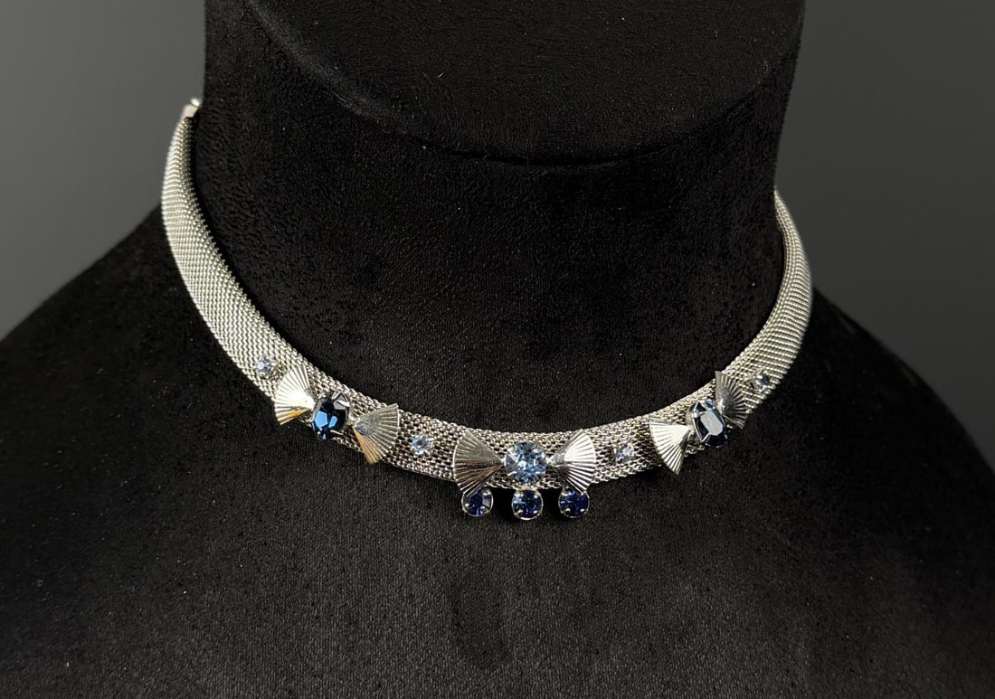 Leo Glass Blue Rhinestone Mesh Choker Necklace (1 of 4)