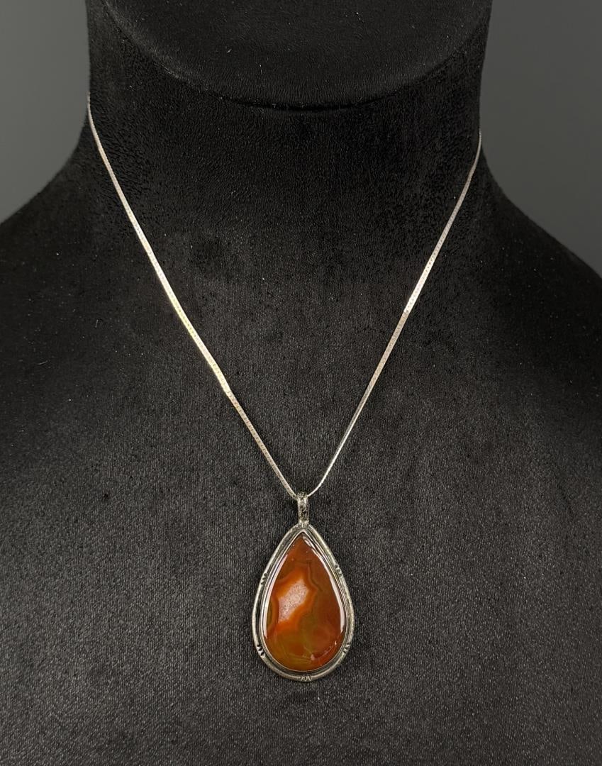 Navajo Delbert Chatter Silver Carnelian Necklace: 10.79 grams. 10 1/4" long as displayed.