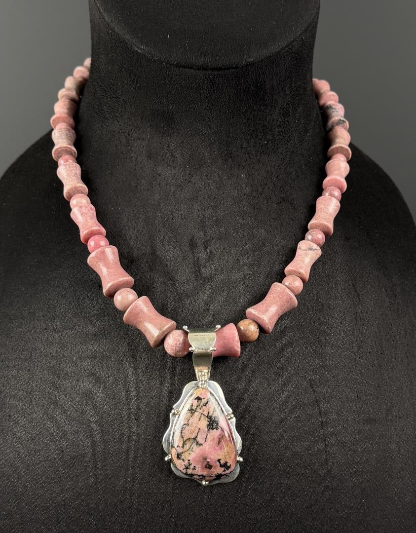Jay King Sterling Silver Rhodochrosite Necklace: 11 1/2" long as displayed.