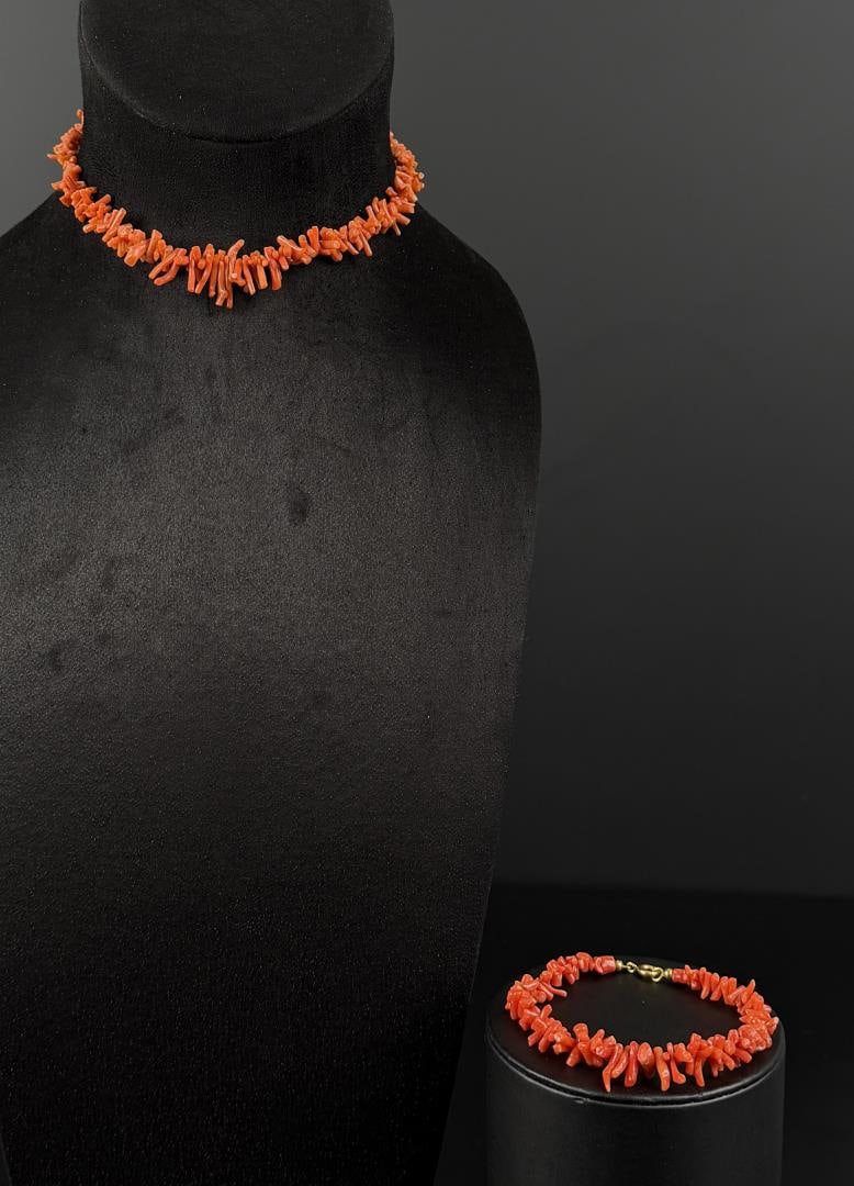 Navajo Red Branch Coral Necklace and Bracelet: Necklace is 9" long as displayed. , 7" inner circumference for the bracelet.