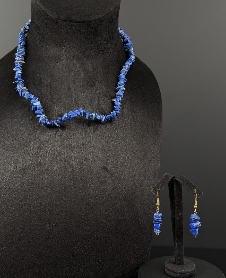 Lapis Lazuli Necklace and Earrings: Necklace is 7 7/8" long as displayed.
