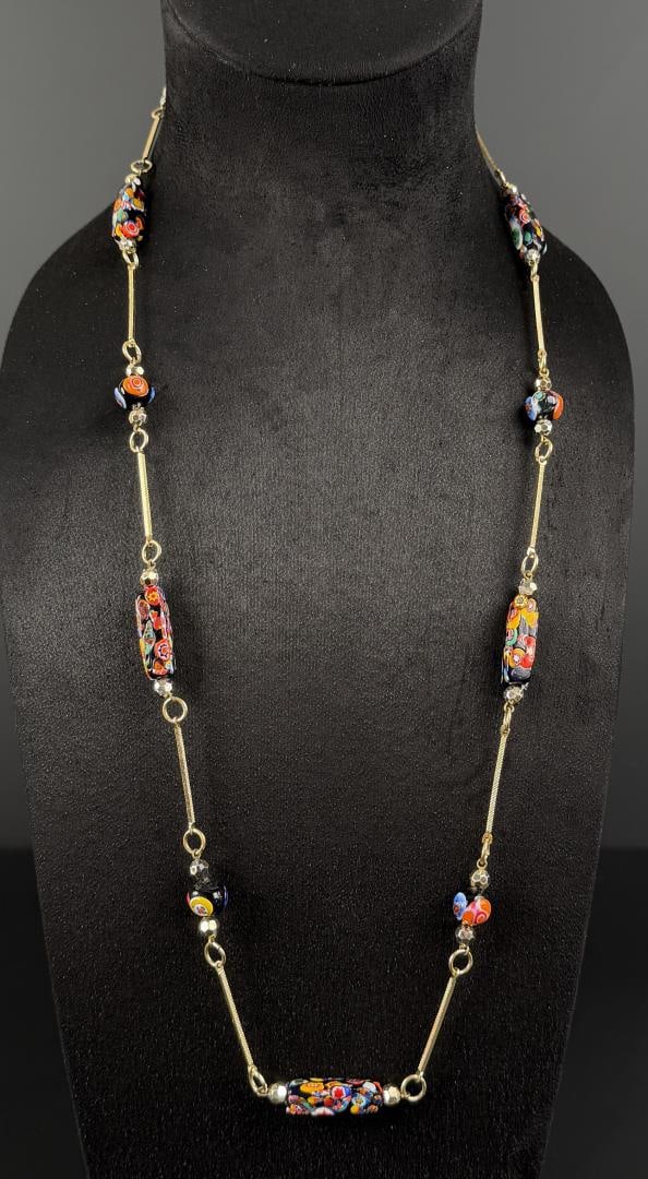 Millefiori Venetian Art Glass Bead Necklace: 16 1/8" long as displayed.