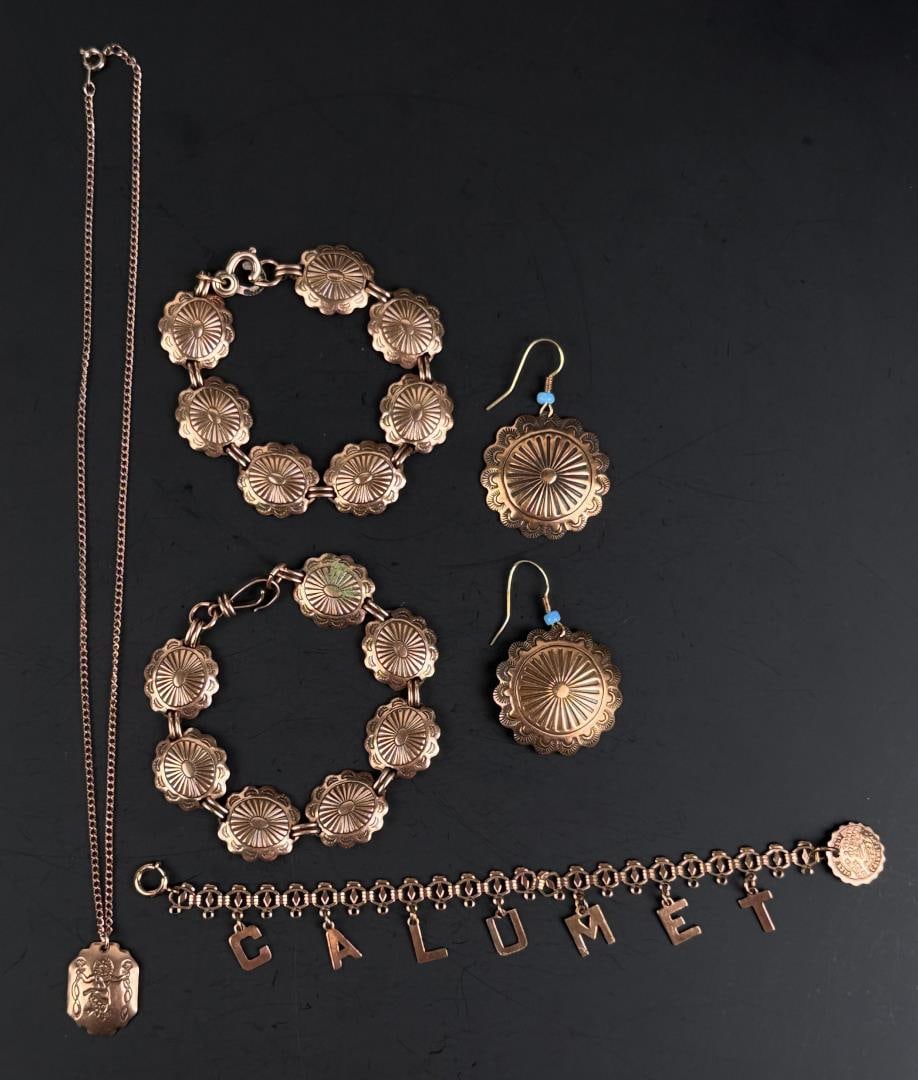 Calumet Michigan Copper Jewelry Collection: Necklace with pendant 10" long as shown, conchos are 8" long. Calumet Michigan necklace with pendant and native copper.