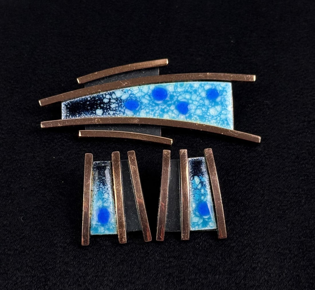 Matisse Copper Enamel Brooch and Earrings: Brooch is 2 3/4" long.