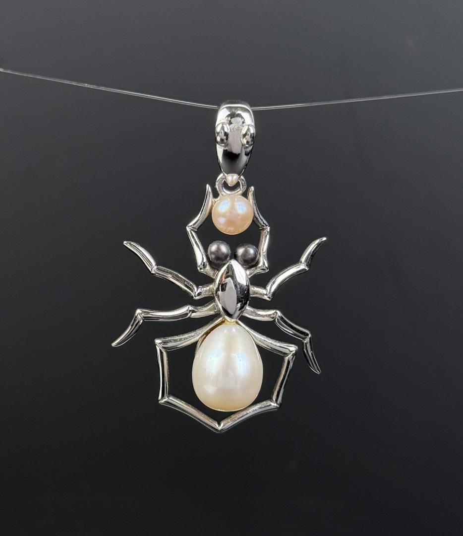Tara Pearls Sterling Silver Pearl Spider Pendant: 8.21 grams, 1 5/8" long.