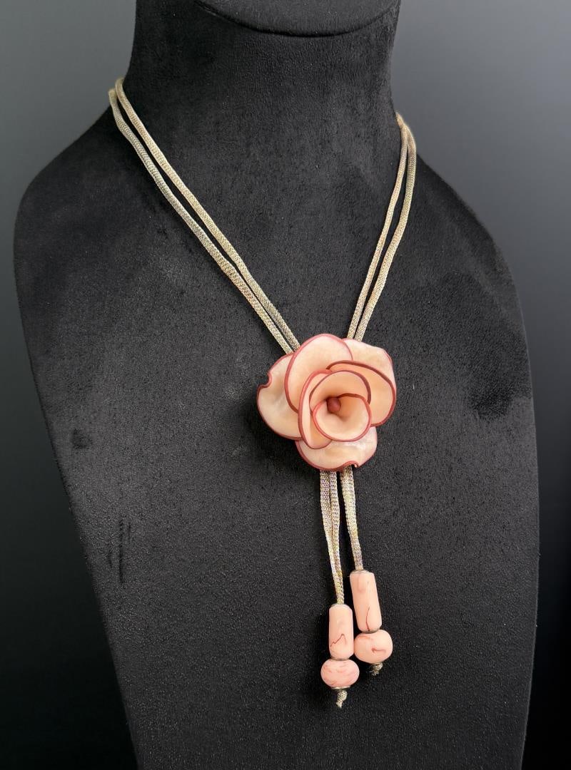 Sterling Mesh Resin Carved Rose Bolo Tie (1 of 4)