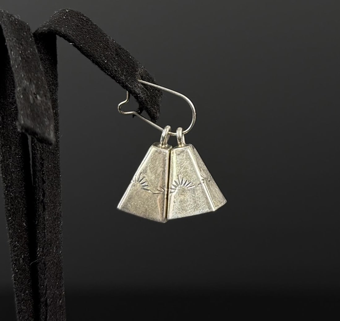 Navajo Sterling Silver Mother In Law Bell Earrings: 7/8" by 1/2". 2.3 grams.