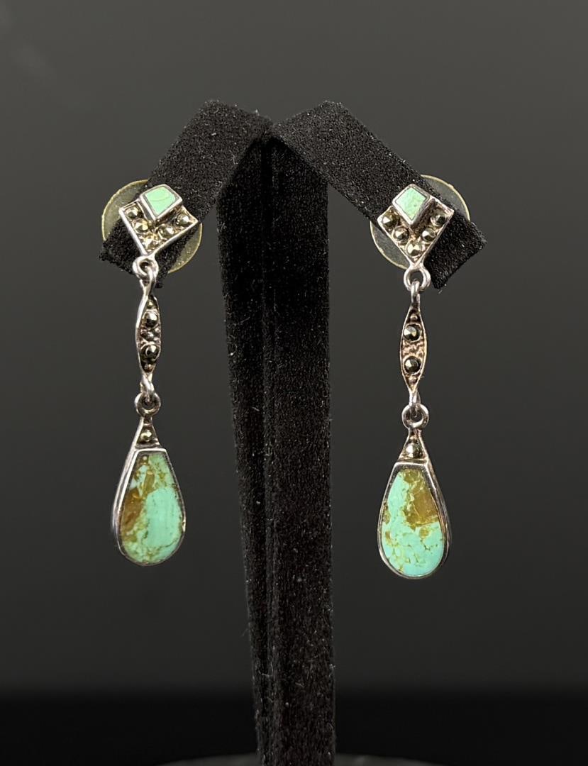 Sterling Silver Turquoise Marcasite Earrings: 1 7/8" by 1/4". 4.36 grams.