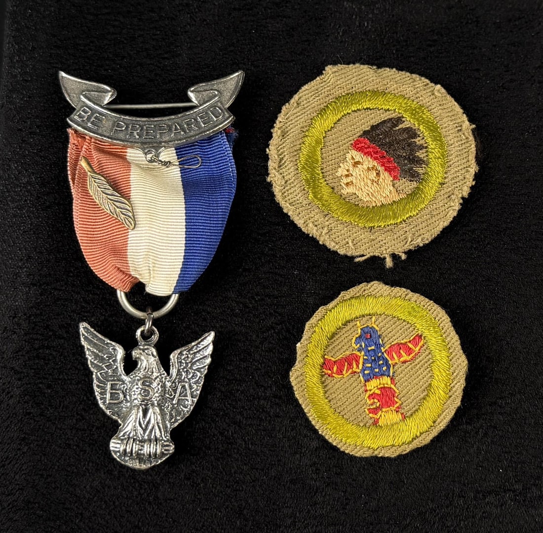 BSA Boy Scouts Eagle Scout Medal Patches: Pathfinding and woodcarving badges. Ribbon with medal is 1 3/8" by 3 1/4".