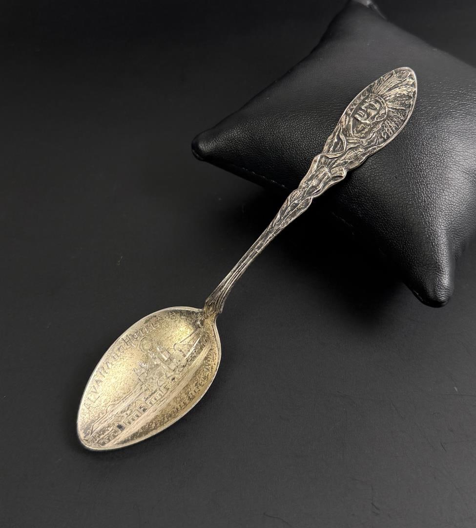 Sterling Indian Alvarado Hotel Souvenir Spoon: 5 1/8" Long. 17.30 grams. The Alvarado Hotel was in Albuquerque, New Mexico. The spoon is marked LDA and was likely manufactured by Louis D. Anderson.
