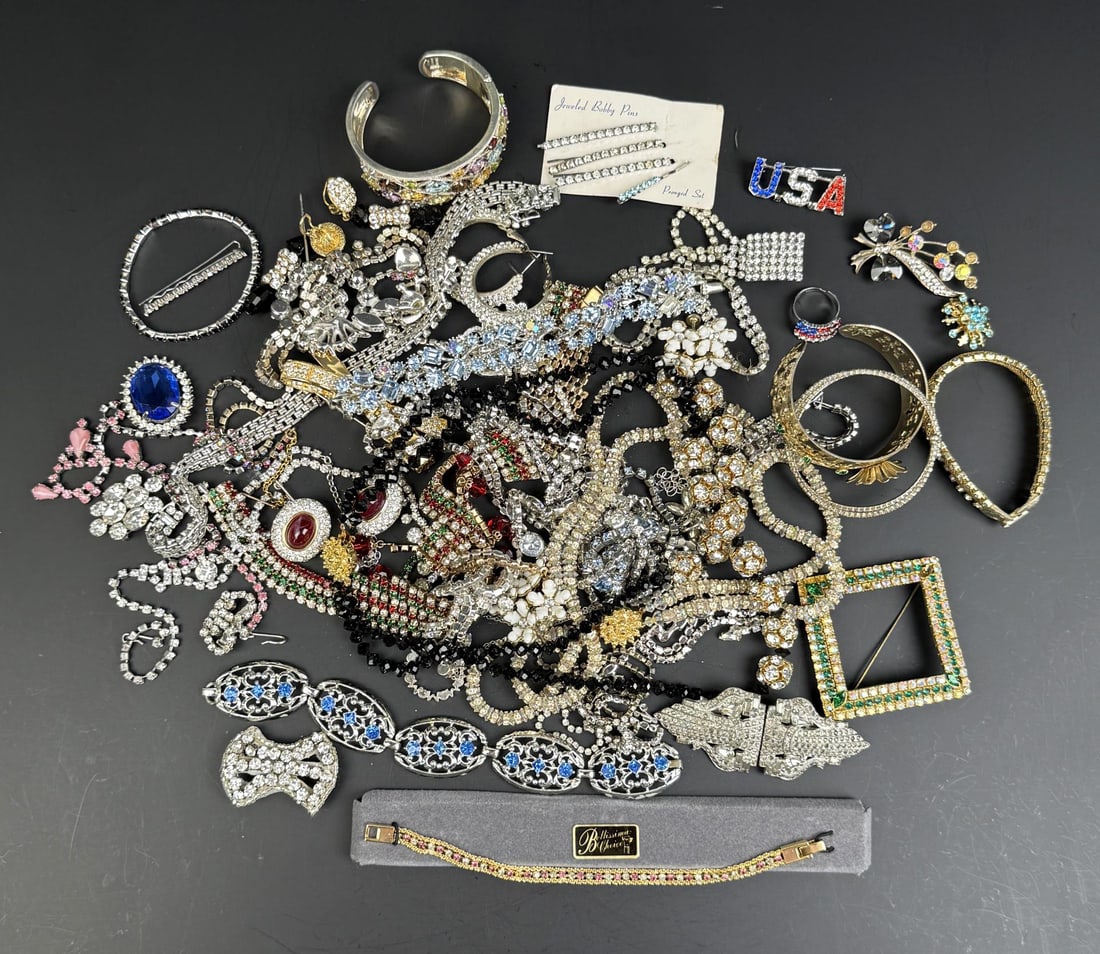 Collection of Rhinestone Costume Jewelry: Nice grouping. Some signed as shown. 2 Pounds 2 Ounces total.