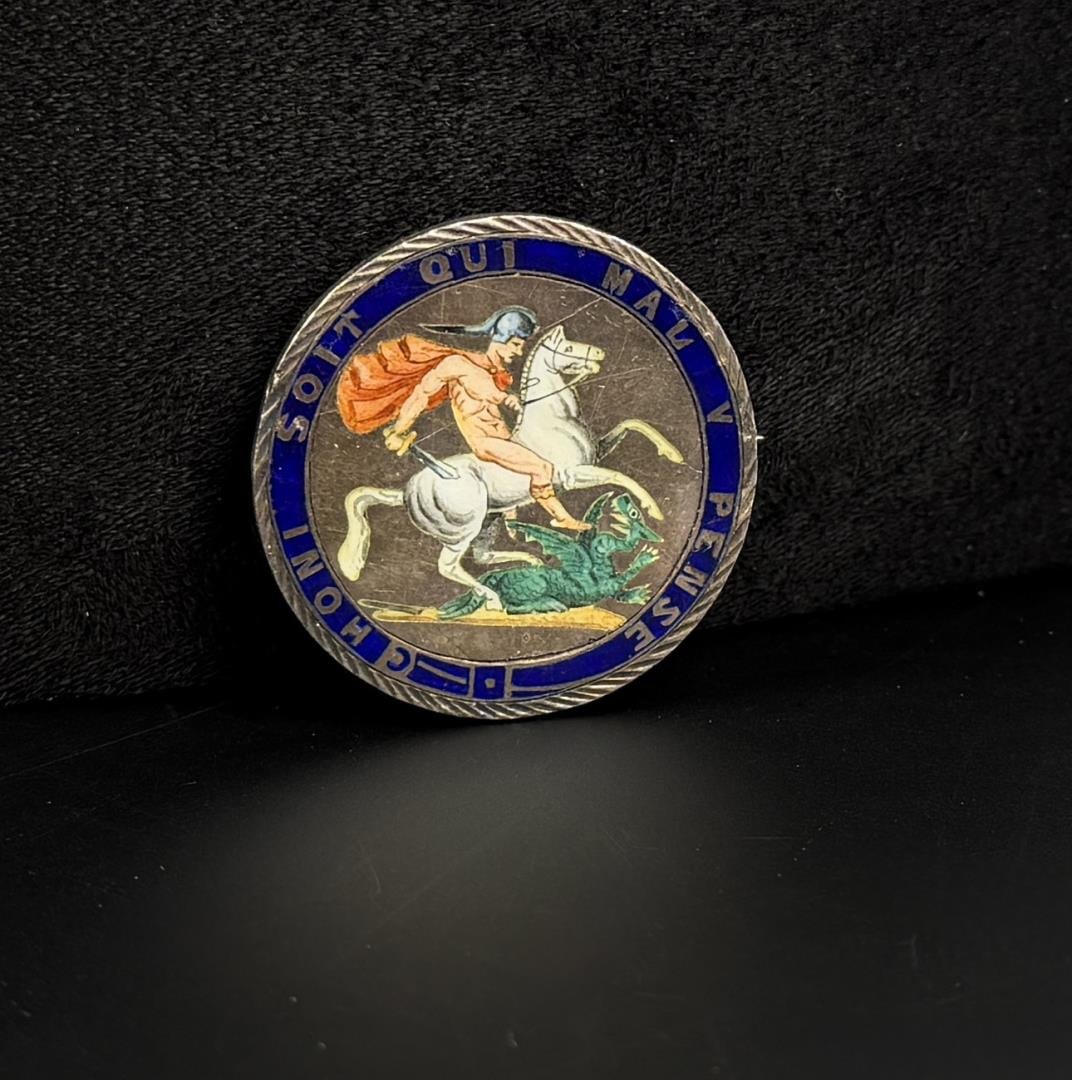 Sterling Silver Enamel Saint George Coin Brooch: 1 3/8" in diameter.
