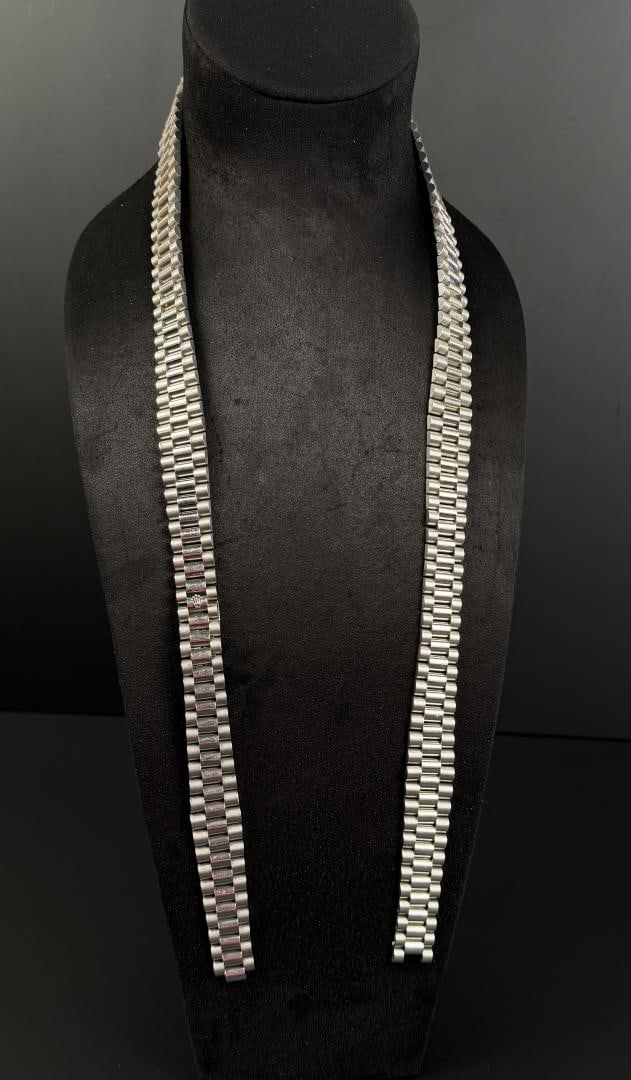 Long Rolex Oyster Perpetual Watch Link Necklace: 37 3/8" long custom graduated necklace made of alternating size Rolex watch links. Approximately 134 links. Absolute gangster. Clasp is not authentic.