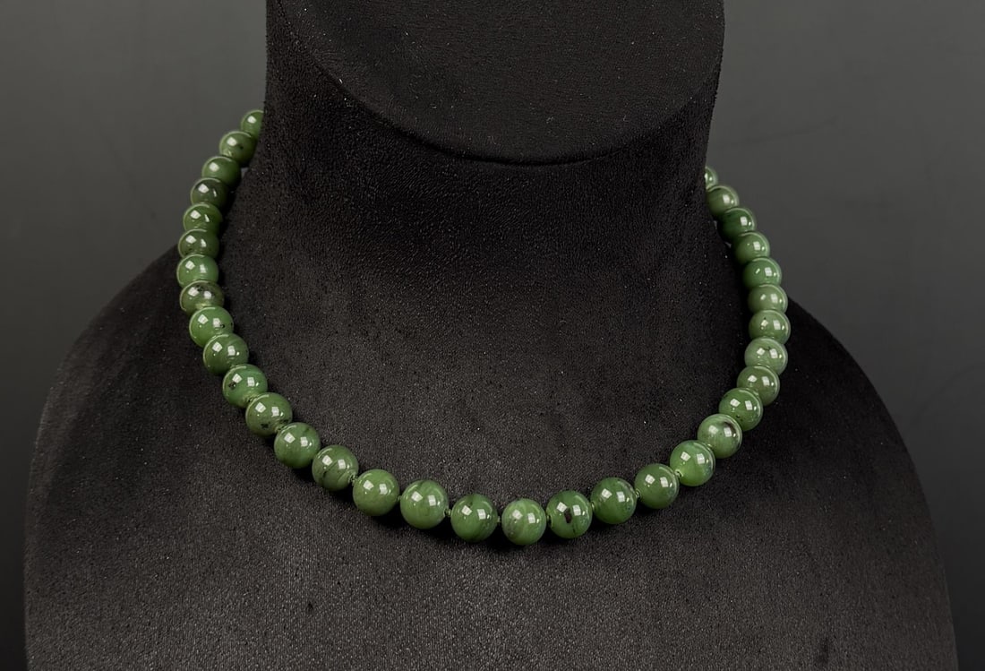 14k Gold Nephrite Jade Bead Necklace: 8 1/8" long as displayed.