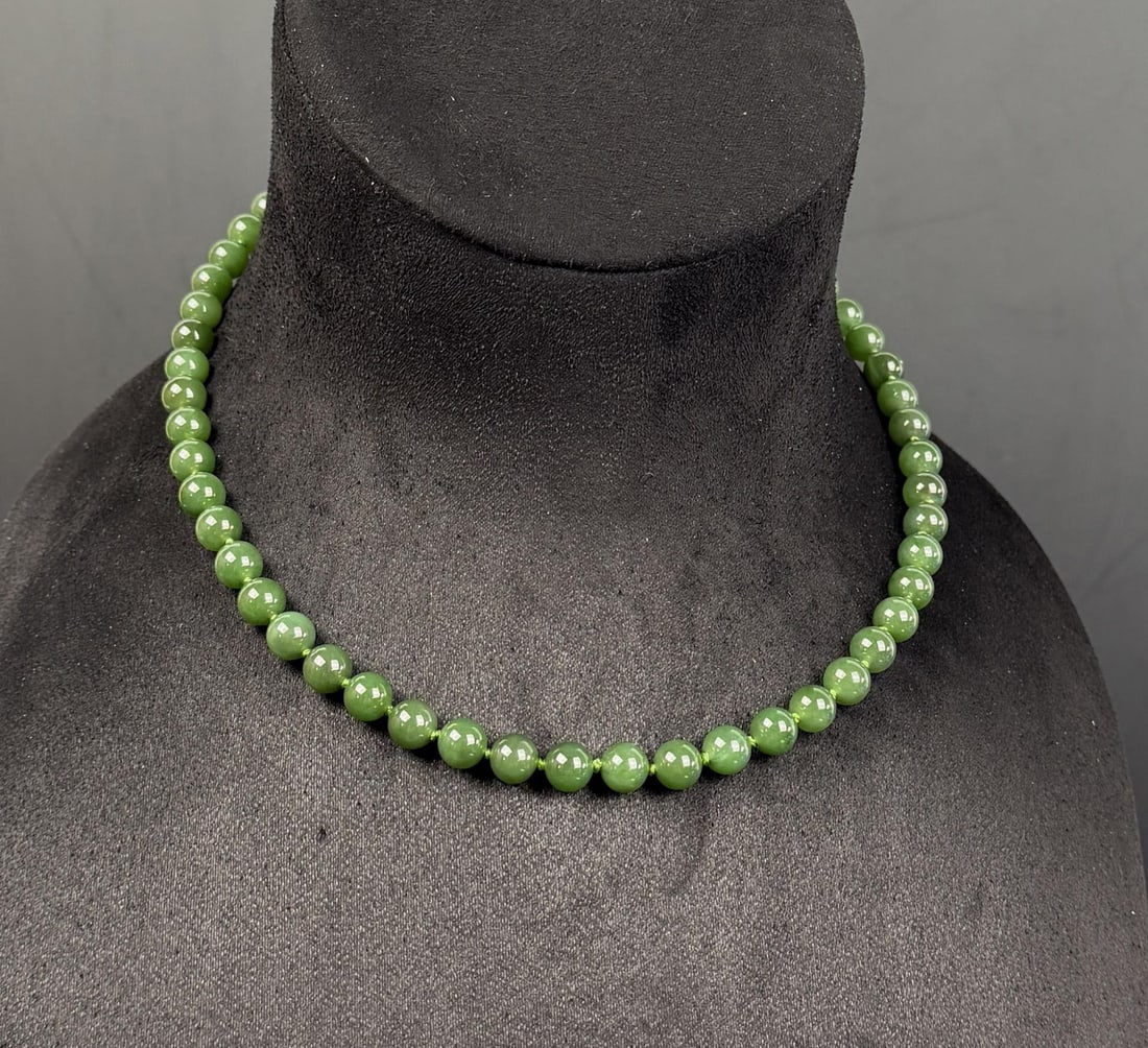 Chinese Sterling Silver Jade Bead Necklace.: Sterling clasp. 8 3/4" as shown. 47.02 grams total weight.